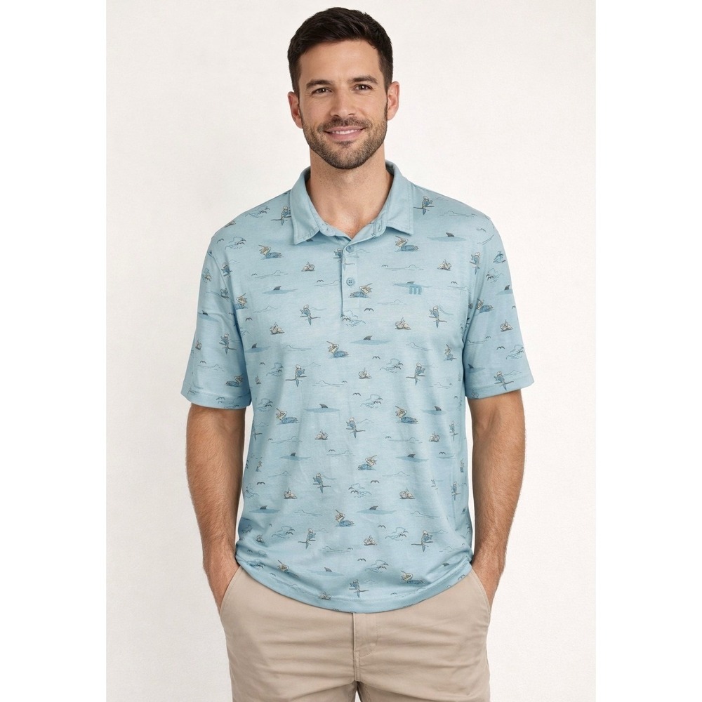 Travis Mathew XL Nautical Polo Light Blue Sailboat Print Casual Golf Shirt